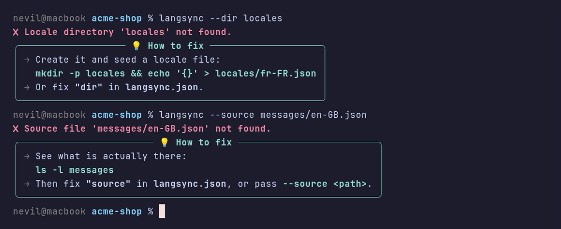 Two errors, a missing locale folder and a missing source file, each followed by a How to fix box with the exact command