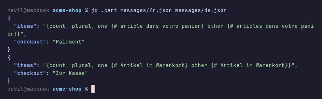 jq showing the French and German cart strings with the ICU plural structure, one and other branches and the # placeholder unchanged